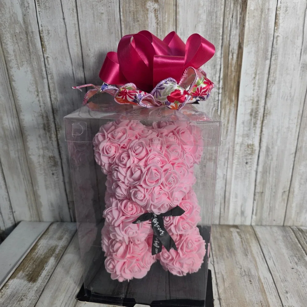 Pink Rose Bear Artificial Flower Teddy Bear in Gift Box 10 Inch Romantic Gift
